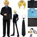 sanji cosplay costume set, blonde short wig, black suit jacket blue striped shirt black tie pants, one piece sanji outfit