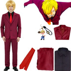 young asian model wearing sanji burgundy suit cosplay, black shirt red tie, one piece sanji costume display