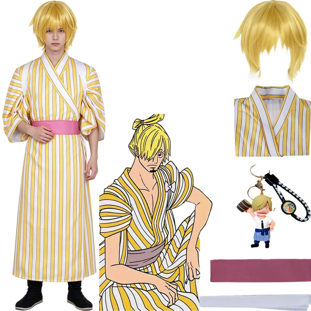 sanji wano country cosplay costume set, golden short wig, yellow striped kimono robe pink belt, one piece sanji outfit