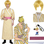 sanji wano country cosplay costume set, golden short wig, yellow striped kimono robe pink belt, one piece sanji outfit