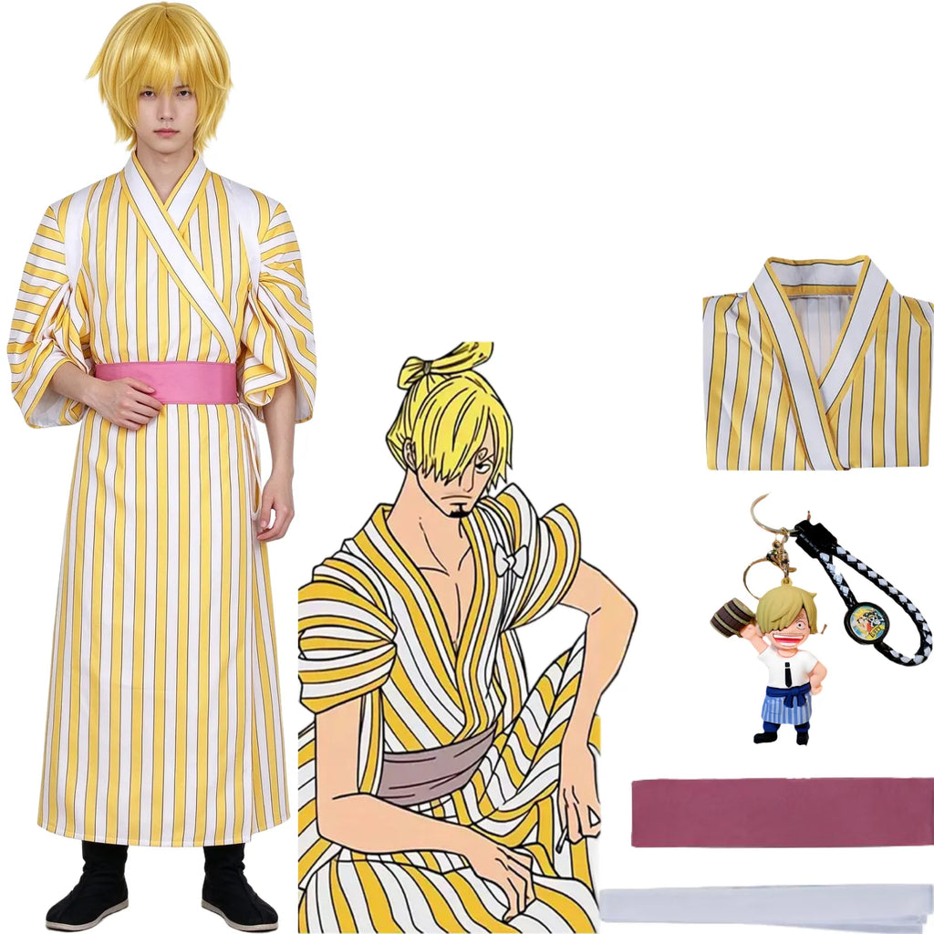 young asian model wearing sanji wano kimono cosplay, yellow white striped robe with pink sash, one piece sanji costume display