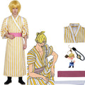 young asian model wearing sanji wano kimono cosplay, yellow white striped robe with pink sash, one piece sanji costume display