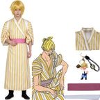 young asian model wearing sanji wano kimono cosplay, yellow white striped robe with pink sash, one piece sanji costume display