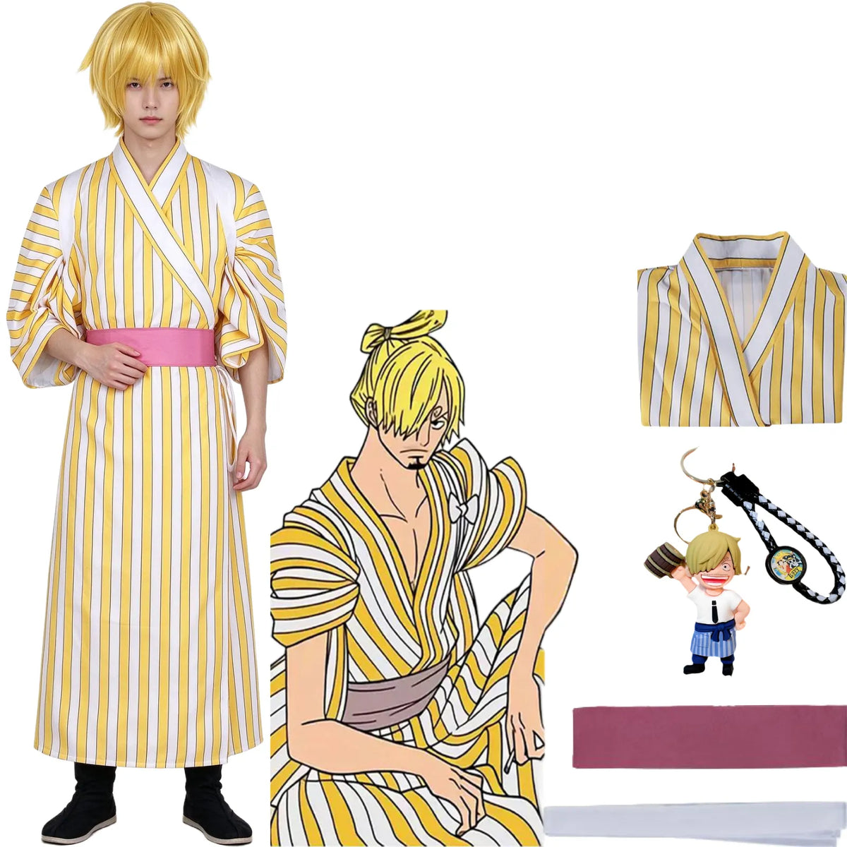 young asian model wearing sanji wano kimono cosplay, yellow white striped robe with pink sash, one piece sanji costume display