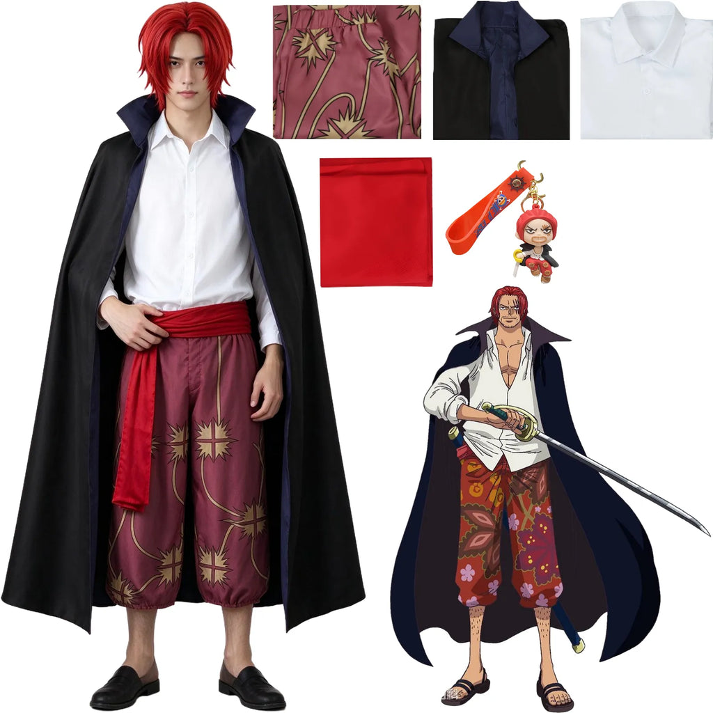 young asian model wearing shanks cosplay outfit, black cloak white shirt printed pants red sash, one piece shanks costume display
