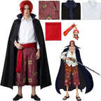 young asian model wearing shanks cosplay outfit, black cloak white shirt printed pants red sash, one piece shanks costume display