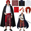 shanks cosplay costume set, red short wig, black cloak white shirt printed trousers red waist rope, one piece shanks full outfit