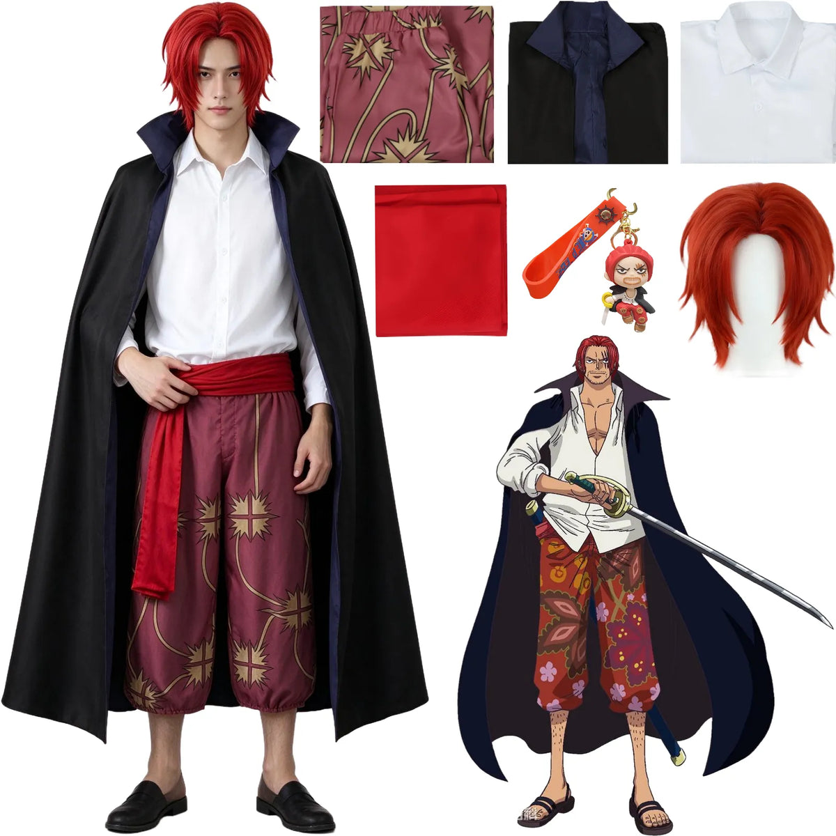 shanks cosplay costume set, red short wig, black cloak white shirt printed trousers red waist rope, one piece shanks full outfit