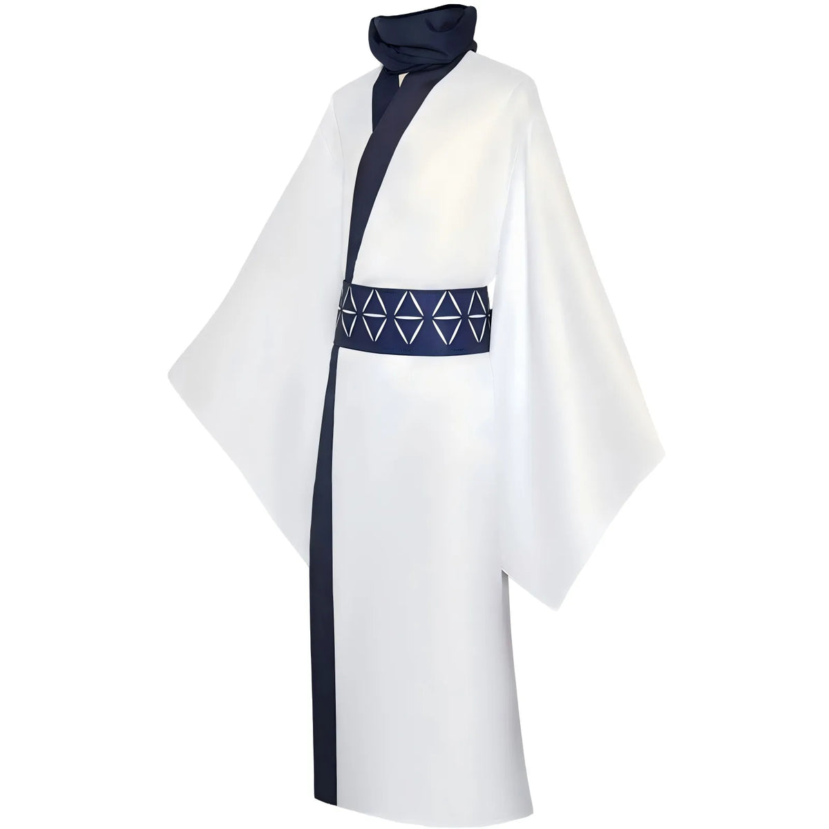 side shot sukuna white kimono with geometric navy belt
