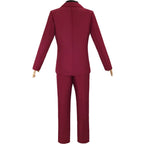 back view of sanji red suit cosplay, tailored blazer and matching trousers on mannequin
