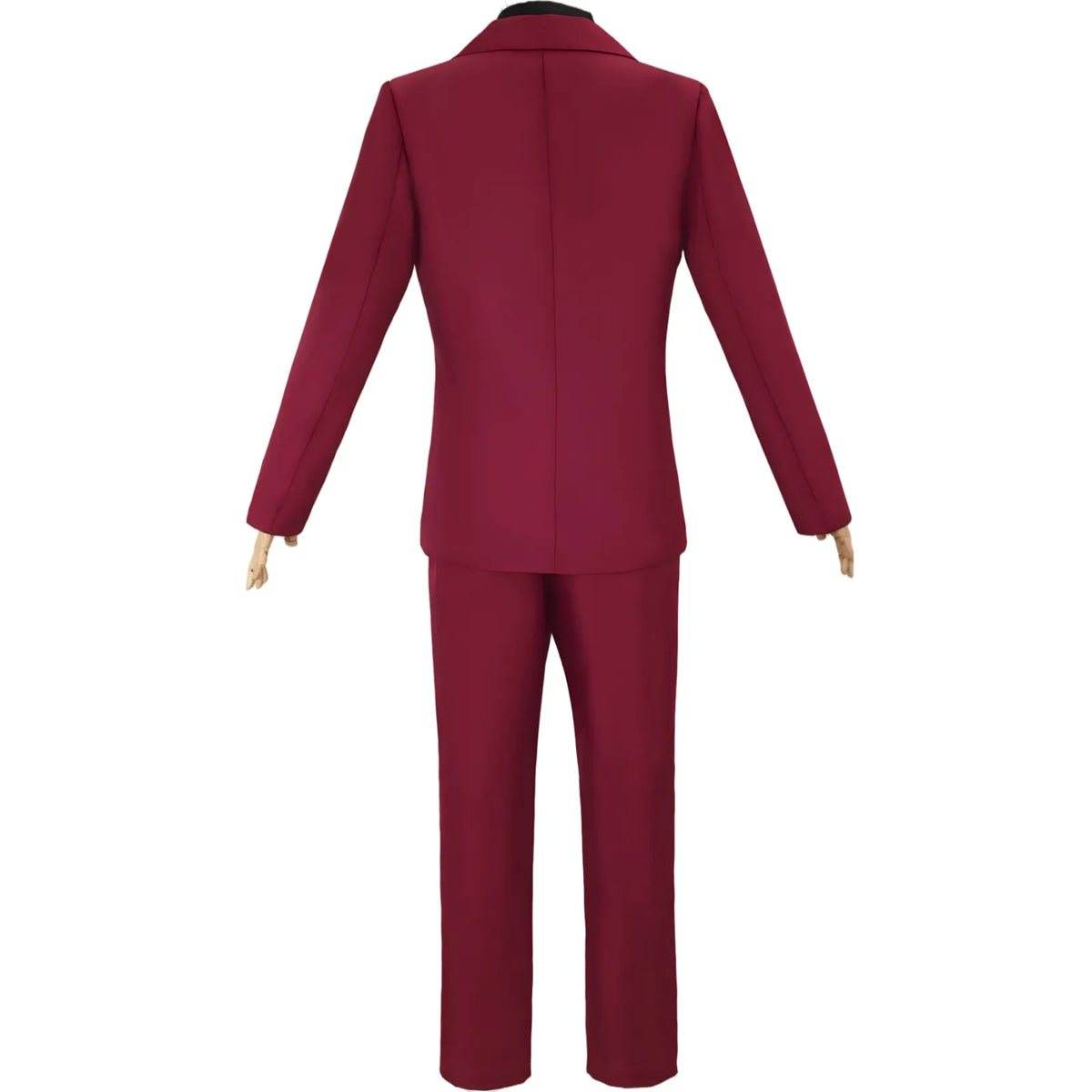 back view of sanji red suit cosplay, tailored blazer and matching trousers on mannequin