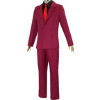 side front view sanji red suit cosplay set, blazer, black shirt and bright red tie on mannequin