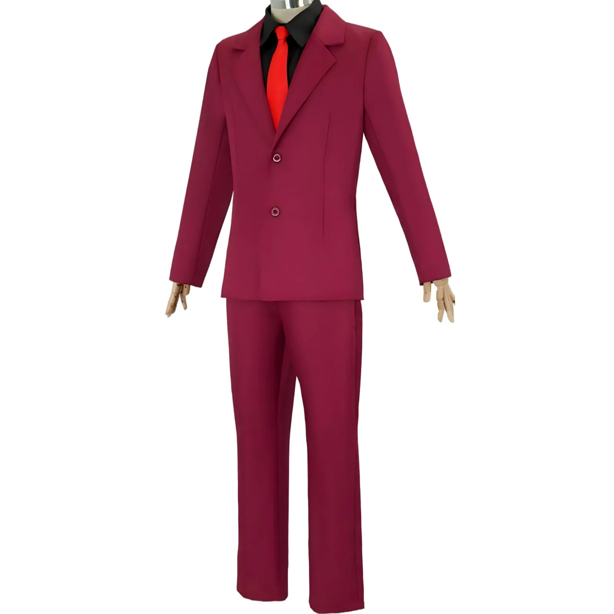 side front view sanji red suit cosplay set, blazer, black shirt and bright red tie on mannequin