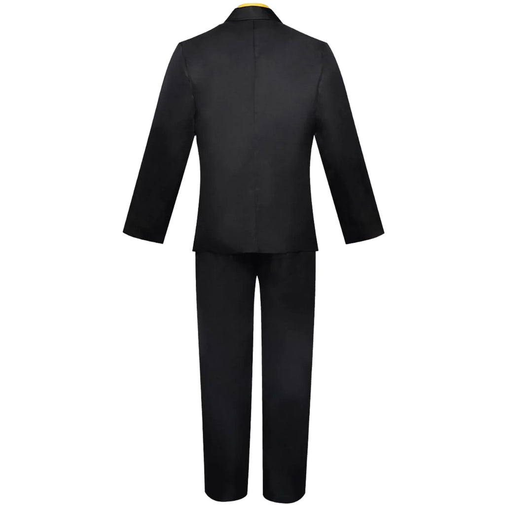 back view of black double-breasted suit jacket and black pants for sanji cosplay, white background