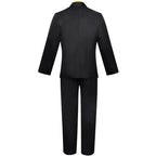 back view of black double-breasted suit jacket and black pants for sanji cosplay, white background