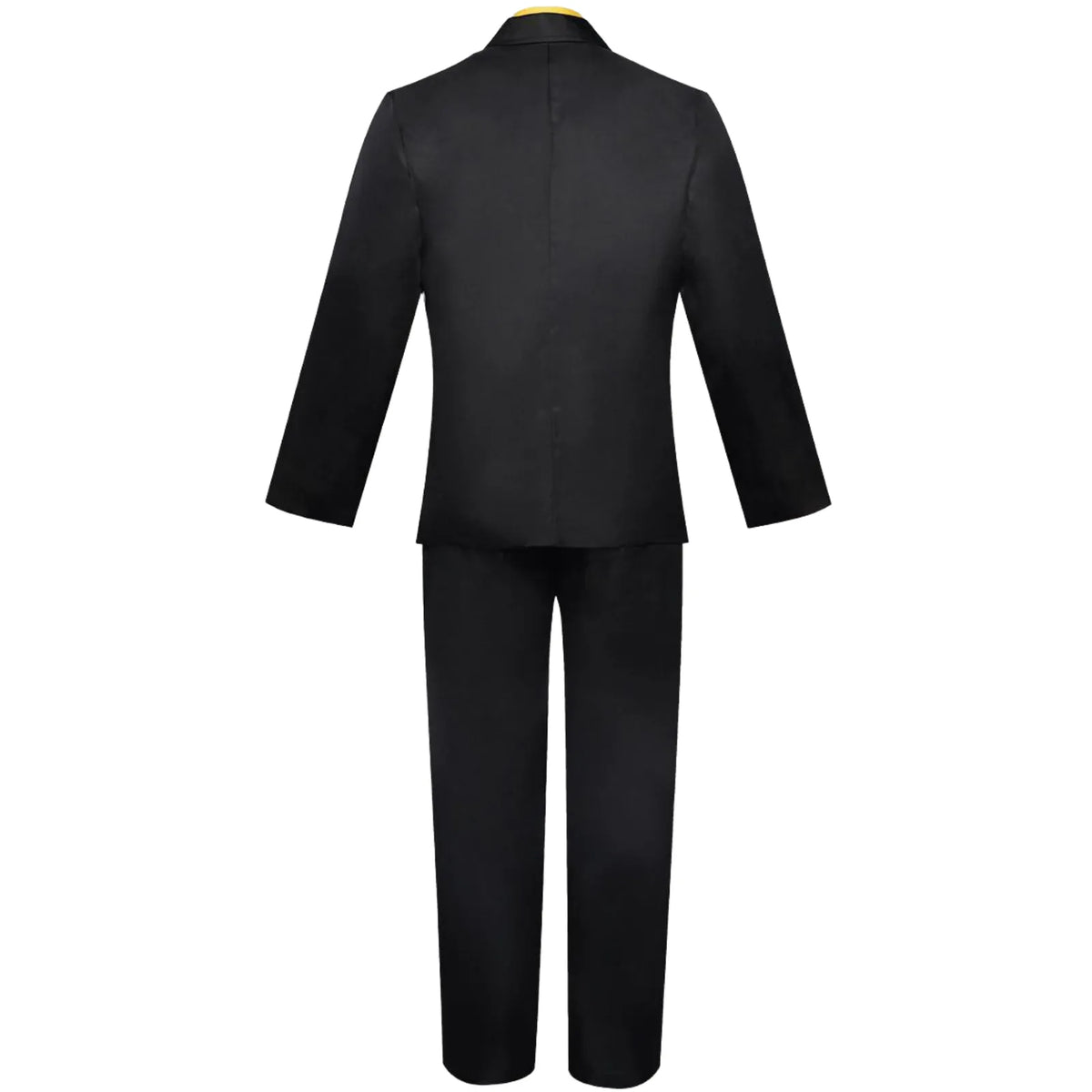 back view of black double-breasted suit jacket and black pants for sanji cosplay, white background