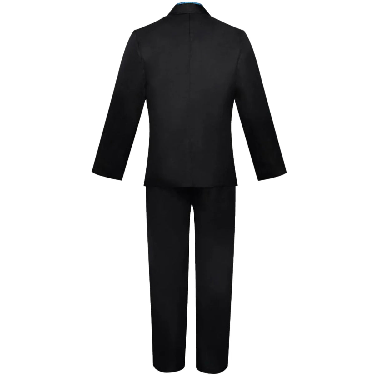 back view of black double-breasted blazer and black trousers for sanji cosplay, white background