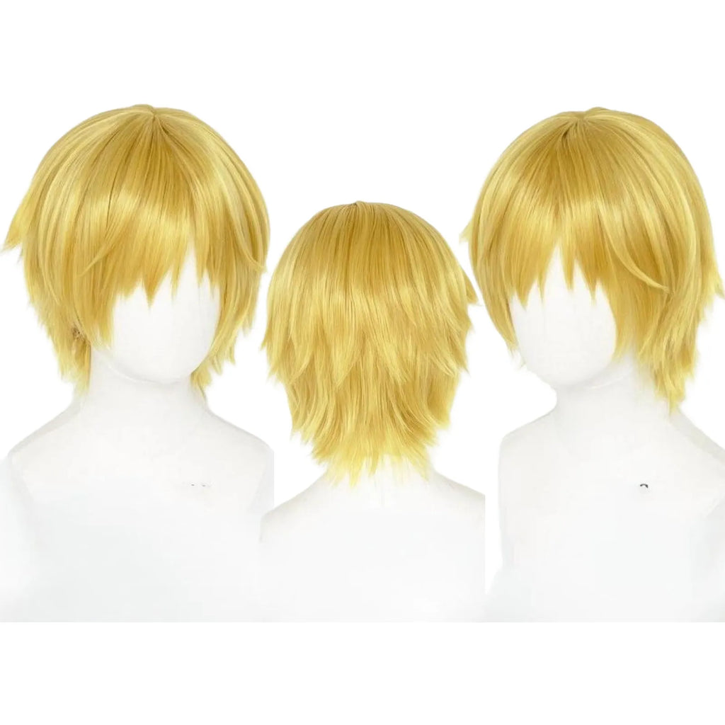 sanji cosplay wig, layered golden short hair, three angle display on white mannequin head