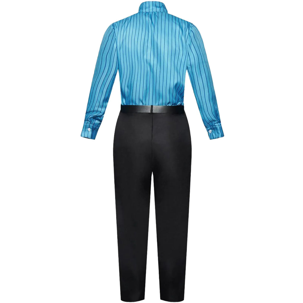 back view of sanji cosplay blue striped long sleeve shirt and black trousers, plain white background