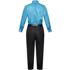 back view of sanji cosplay blue striped long sleeve shirt and black trousers, plain white background