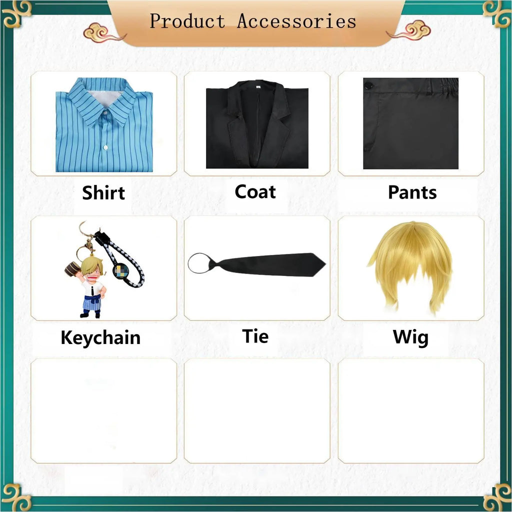 sanji cosplay accessories, shirt, coat, pants, tie, wig, keychain, product accessory chart