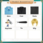 sanji cosplay accessories, shirt, coat, pants, tie, wig, keychain, product accessory chart