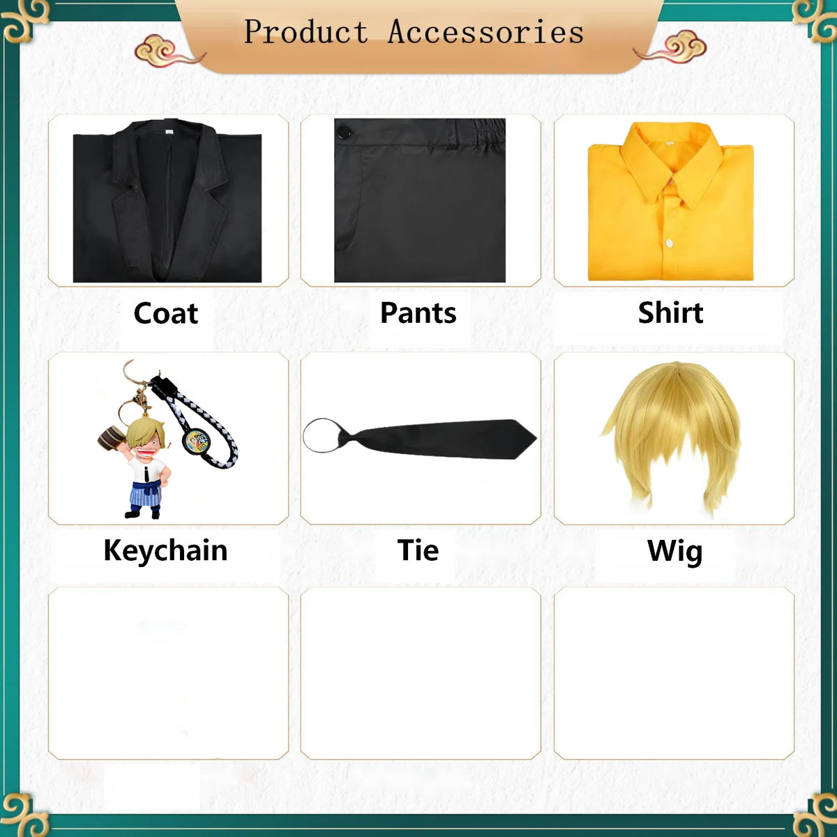 sanji cosplay accessories, coat, pants, shirt, tie, wig, keychain, product accessory chart