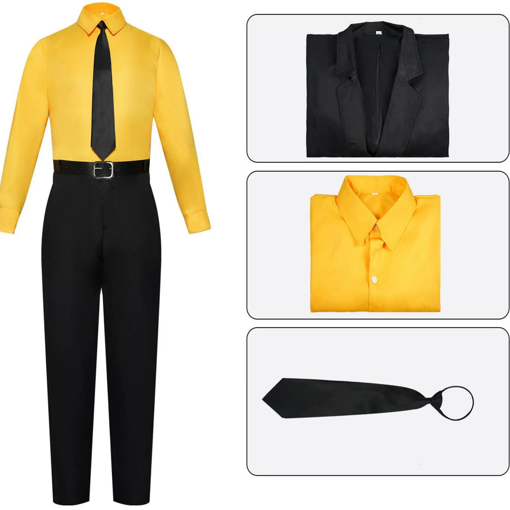 sanji cosplay outfit parts, yellow shirt, black suit jacket, black tie, product detail shot