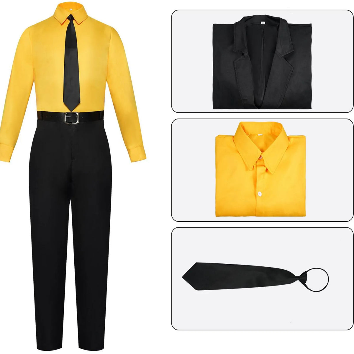 sanji cosplay outfit parts, yellow shirt, black suit jacket, black tie, product detail shot