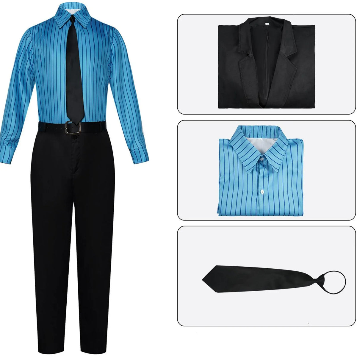 sanji cosplay outfit parts, blue striped shirt, black suit jacket, black tie, product detail shot