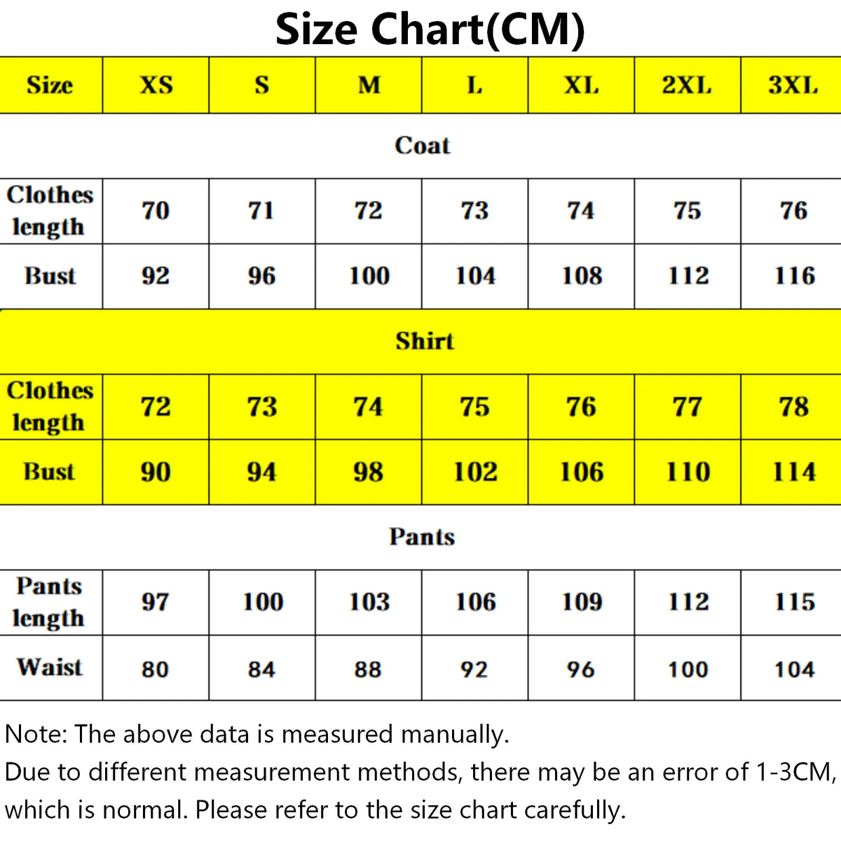 size chart for sanji cosplay costume, measurements for coat shirt pants in cm, size xs to 3xl
