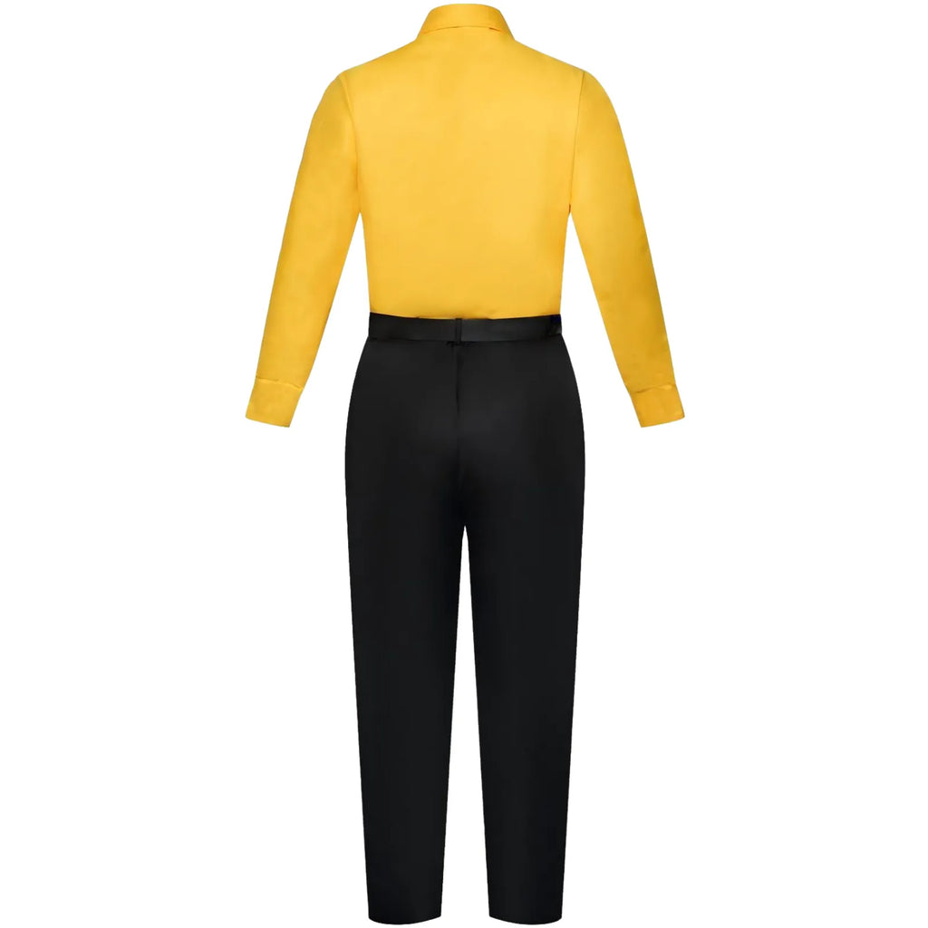 back view of sanji cosplay yellow long sleeve shirt and black trousers, plain white background