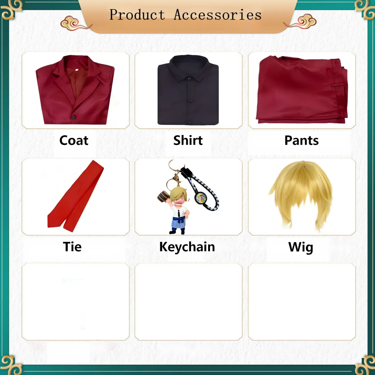 sanji burgundy suit cosplay accessories, coat, shirt, pants, tie, keychain, wig, product accessory chart