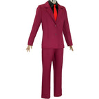 front view of sanji burgundy suit cosplay, two button blazer, black shirt and red tie, white background