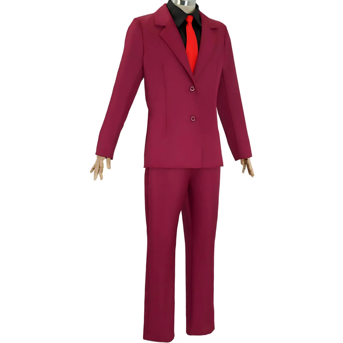 front view of sanji burgundy suit cosplay, two button blazer, black shirt and red tie, white background