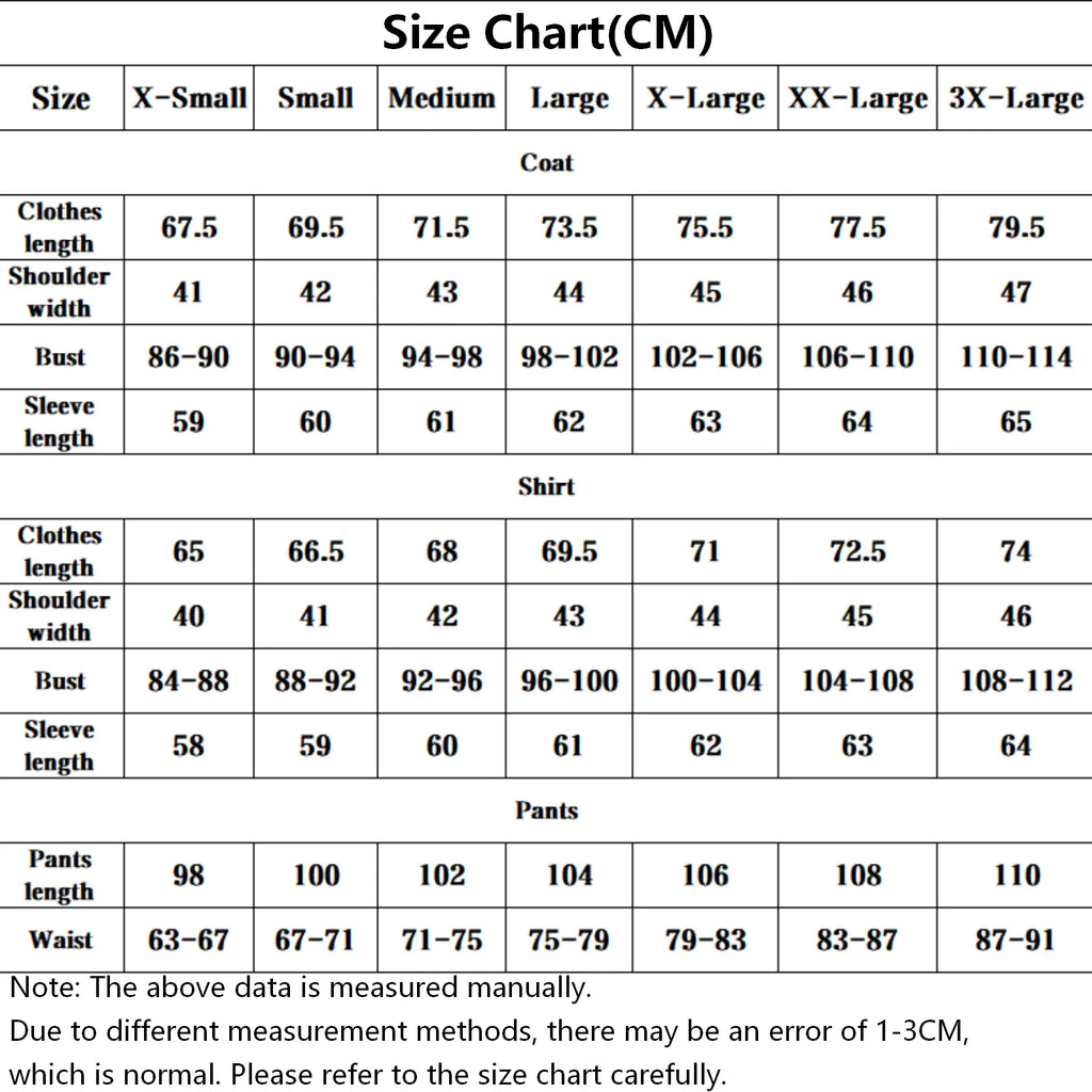 size chart for sanji burgundy suit cosplay, measurements for coat shirt pants in cm, size xs to 3xl