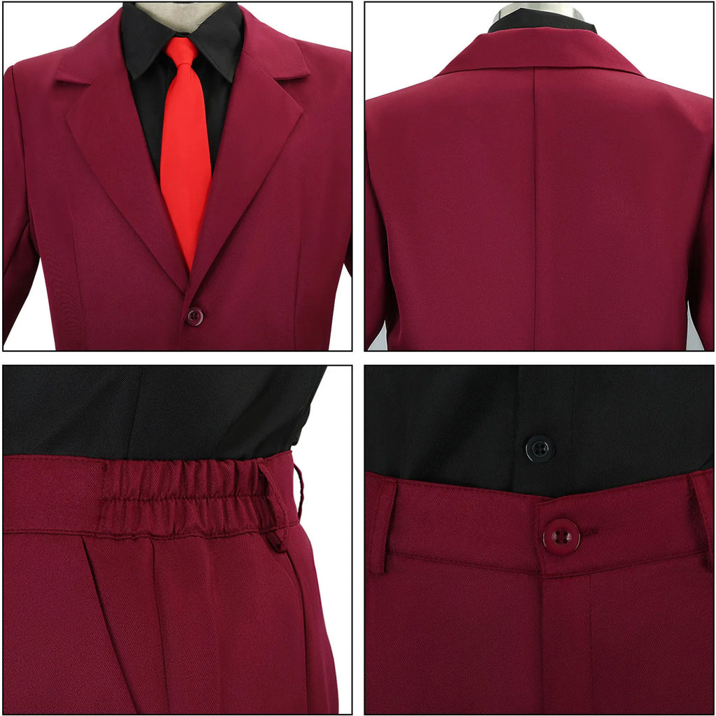 close up details of sanji burgundy suit cosplay, suit collar, back panel, elastic waistband and buttons