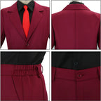 close up details of sanji burgundy suit cosplay, suit collar, back panel, elastic waistband and buttons