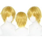 sanji cosplay wig, layered golden short hair, three angle display on white mannequin head