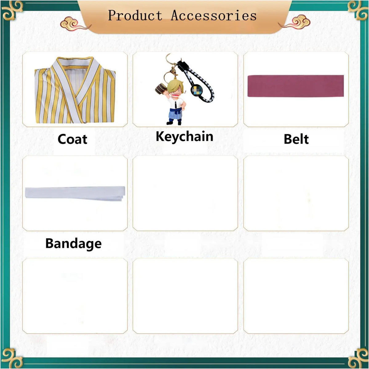 sanji wano cosplay accessories, kimono coat, keychain, pink belt, bandage, product accessory chart