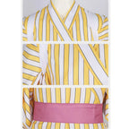 close up details of sanji wano kimono, wrap collar, puffed sleeves, pink obi belt, striped fabric