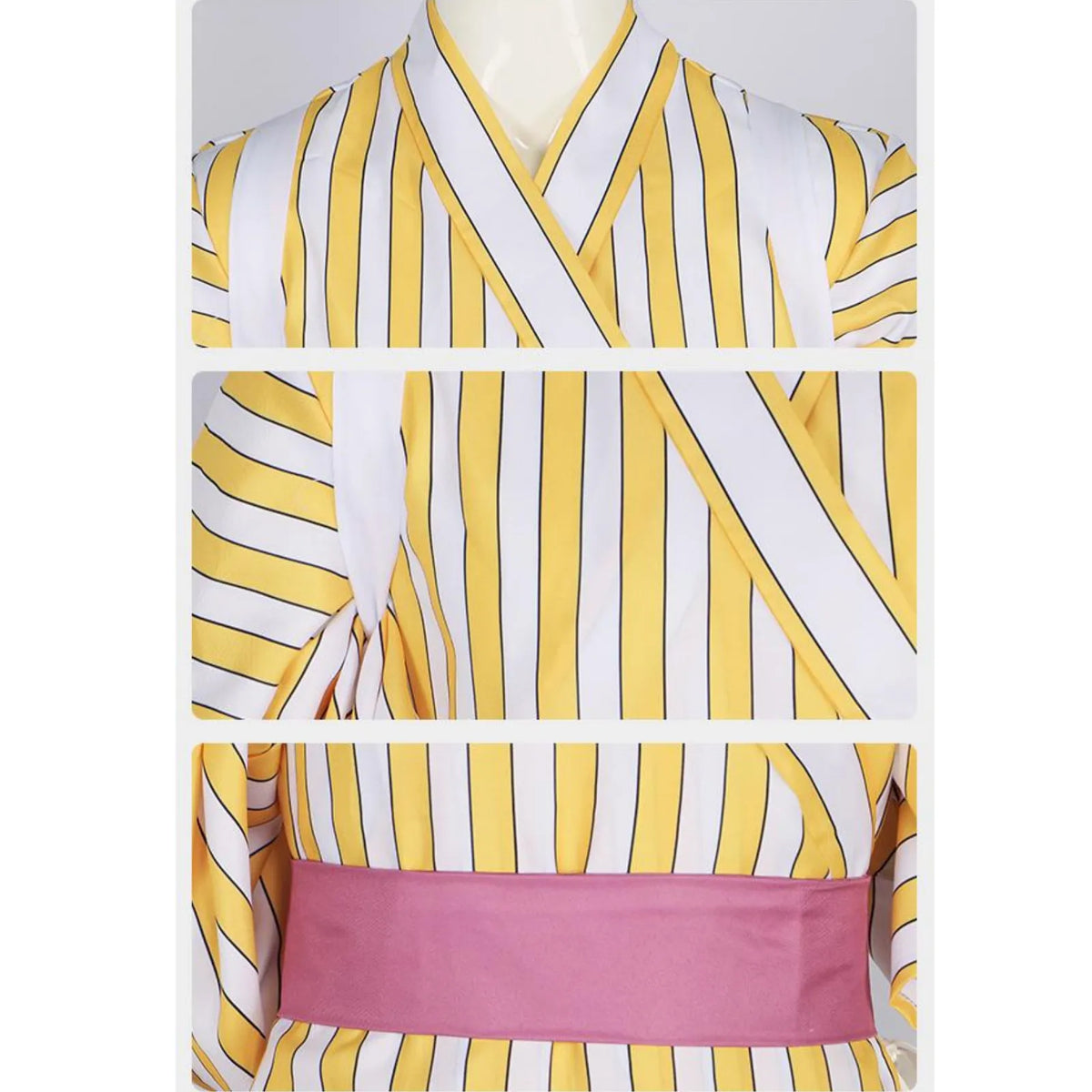close up details of sanji wano kimono, wrap collar, puffed sleeves, pink obi belt, striped fabric