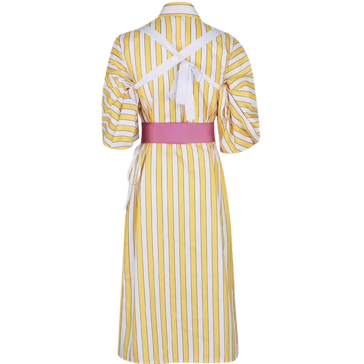 back view of sanji wano kimono costume, crisscross white back ties, yellow striped robe and pink sash