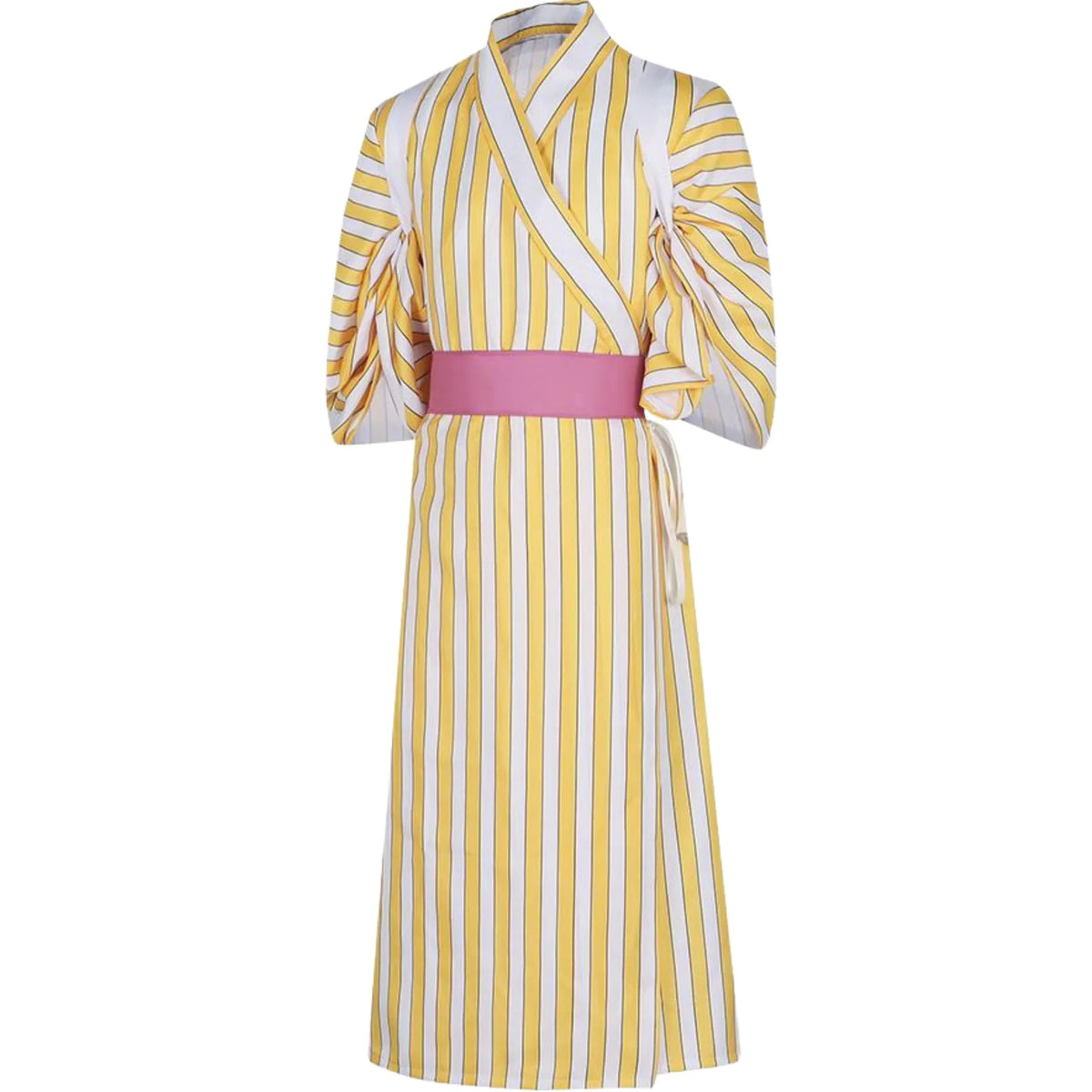 side view sanji wano country kimono cosplay, yellow white striped robe with pink waist sash