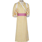 front view of sanji wano cosplay kimono, yellow white vertical stripes, pink obi sash, white background