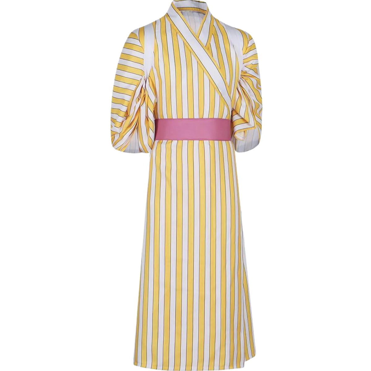 front view of sanji wano cosplay kimono, yellow white vertical stripes, pink obi sash, white background
