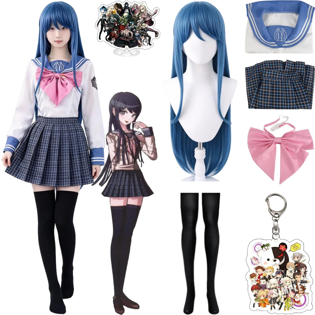 danganronpa sayaka maizono cosplay costume and long blue wig display