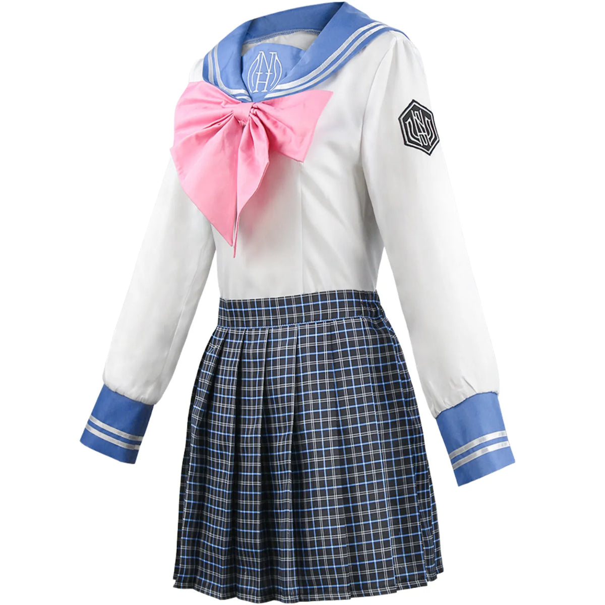 oblique shot of sayaka maizono cosplay sailor top and pleated plaid skirt