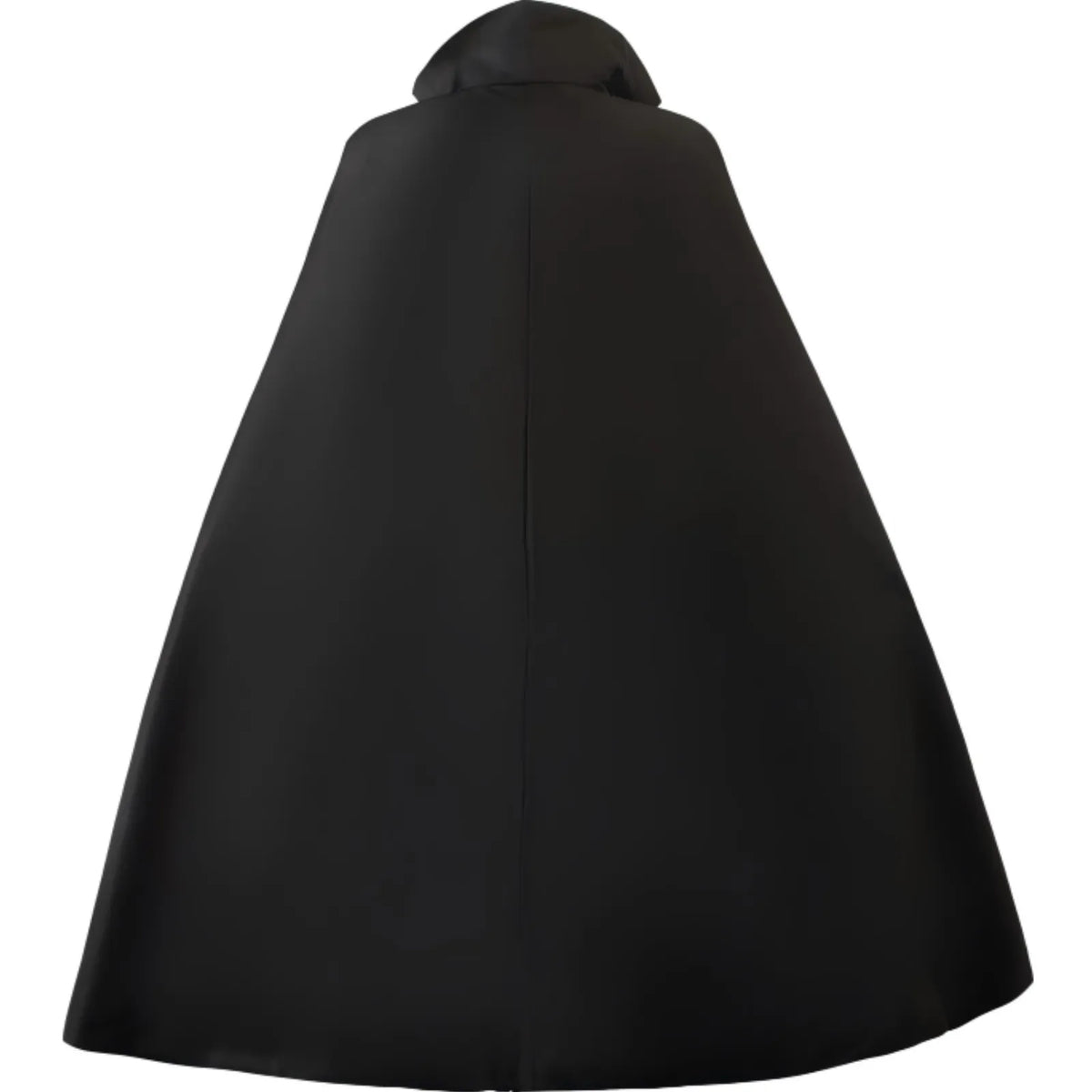 back view of shanks black cloak cosplay, stand collar long cape, solid black fabric on white background