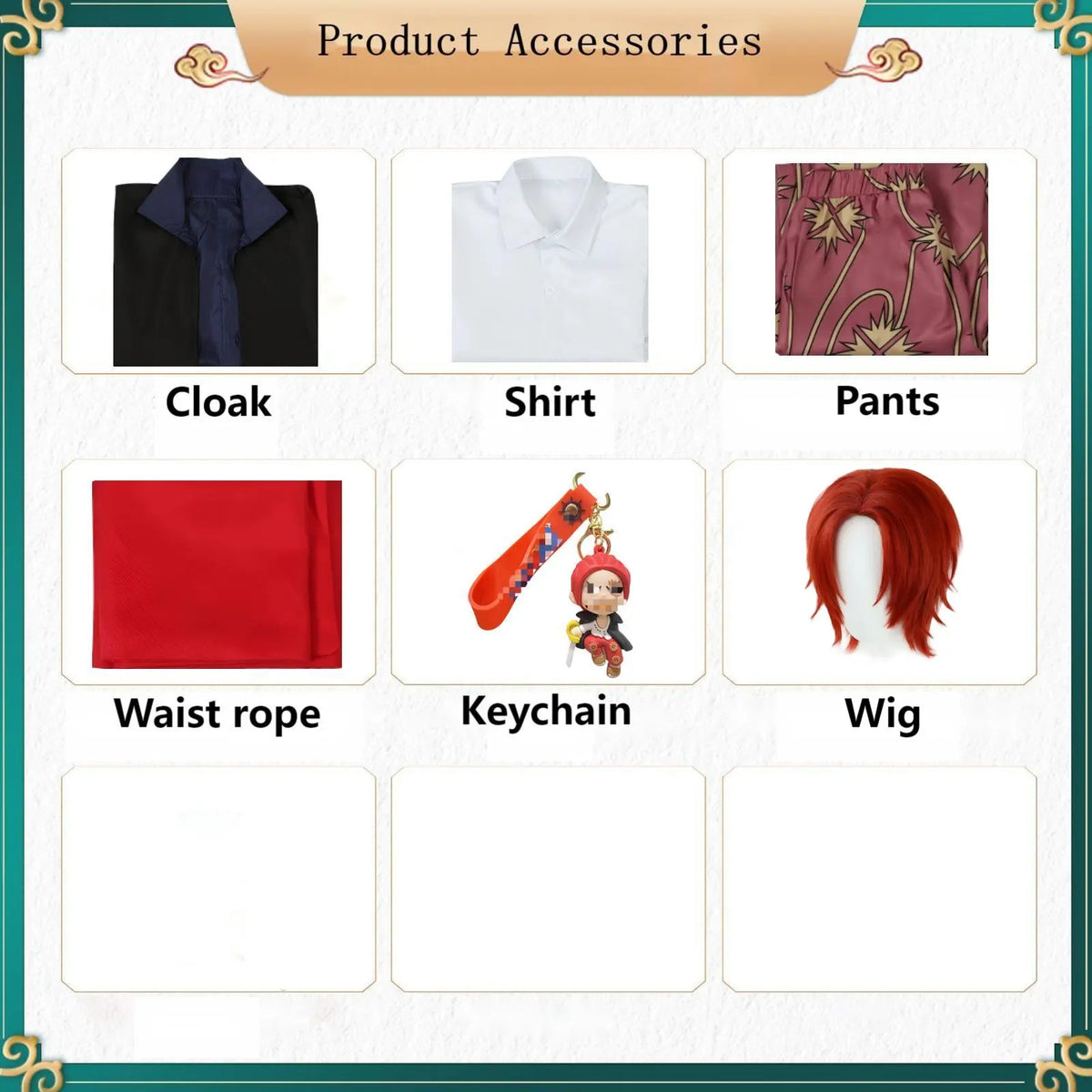 shanks cosplay accessories chart, cloak, shirt, pants, waist rope, keychain, wig, product parts display
